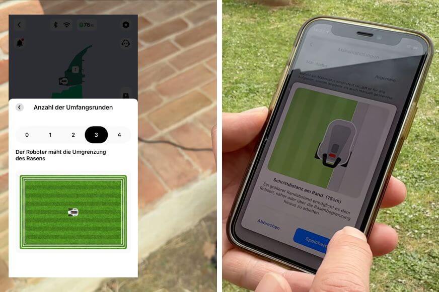 Maehroboter-App mit Kartierungsansicht und einstellbarem Randabstand auf einem Smartphone-Display